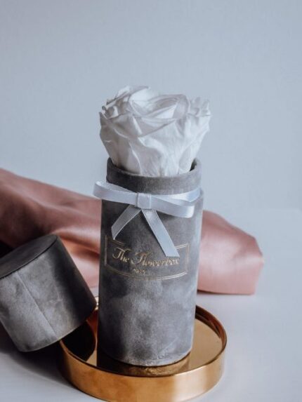 Biała wieczna róża | Mini szary box